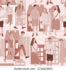 Monochrome nahtlose Muster mit jungen Leuten. Männer und Frauen, die Kleidung in verschiedenen Posen einsetzen, stehen und gehen ihre Geschäfte. Vektorillustration