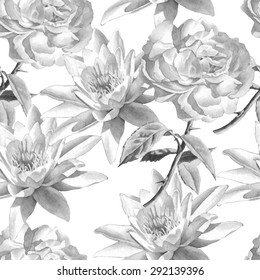 Monochrome seamless pattern with watercolor flowers. Rose and lily.  Vector. Hand drawn.