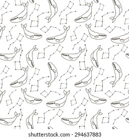 Monochrome seamless pattern with whales and constellation. Vector illustration.