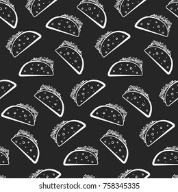 Monochrome seamless pattern with white cartoon mexican taco on black background. Outline pop art tacos texture for fast food textile, wrapping paper, package, restaurant or cafe menu banners