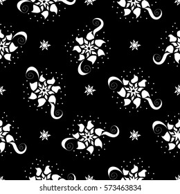 Monochrome Seamless Pattern with White Floral Motive on Black Background. Girlie Ornament with Small Flowers for Print, Wallpaper, Textile, Fabric
