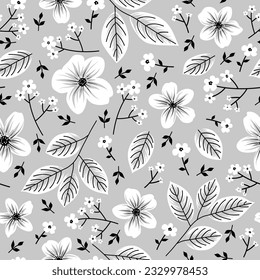 Monochrome seamless pattern. White flowers and leaves on gray background. Floral print