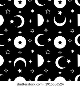 Patrón monocromo sin fisuras con luna blanca y estrellas en fondo negro. Ilustración vectorial de material.