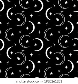 Monochrome seamless pattern with white moon and stars on black background. Stock vector illustration.