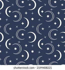 Monochrome seamless pattern with white moon and stars on blue background