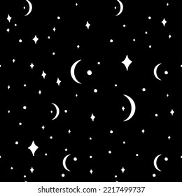 Monochrome seamless pattern with white stars and crescent moons on black background. Boho celestial pattern. Stock vector illustration