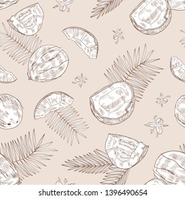 Monochrome seamless pattern with whole and cracked coconuts, blooming flowers and palm branches hand drawn with contour lines on light background. Realistic vector illustration for textile print.