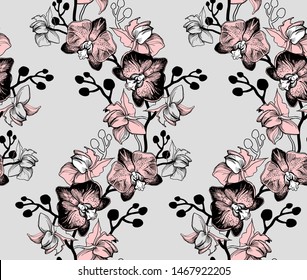 Monochrome seamless pattern wiht pink flowers Orchids, Phalaenopsis. Hand drawn manual graphic with contours and silhouettes of flowers. Vector illustration.