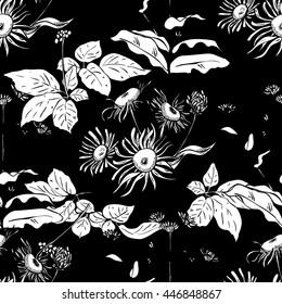 Monochrome seamless pattern with wild herbs