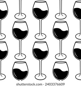 Monochrome seamless pattern with Wine glass silhouette. Vector illustration isolated on white background. Icon