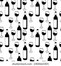 Monochrome seamless pattern with Wine glass and bottle silhouette. Vector illustration isolated on white background.