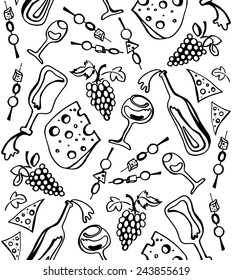 Monochrome Seamless Pattern With Wine Glasses, Bottles, Grapes And Cheese.