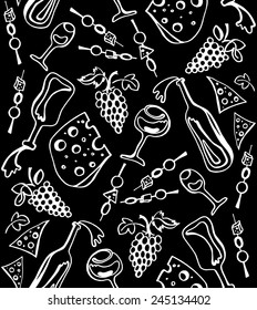 Monochrome seamless pattern with wine glasses, bottles, grapes and cheese.