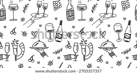 Monochrome seamless pattern of wine glasses, bottles, grapes, trays, and culinary doodles in a simple hand drawn style. Perfect for restaurant branding, menu backgrounds, wine bar decor, packaging.