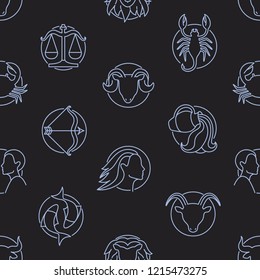 Monochrome seamless pattern with Zodiac signs drawn with contour lines on black background. Backdrop with horoscope symbols. Vector illustration in linear style for wrapping paper, textile print.