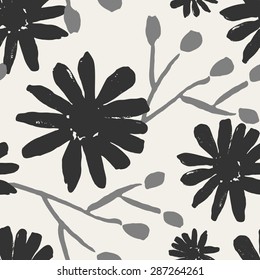 Monochrome seamless repeat pattern with hand painted flowers.