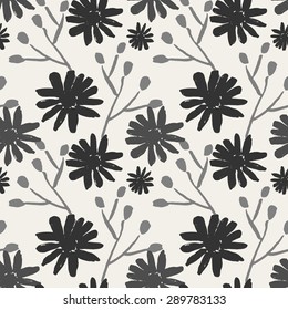 Monochrome seamless repeat pattern with hand painted flowers.