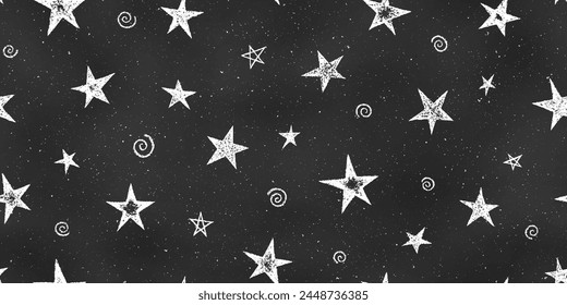 Monochrome Seamless Retro Pattern of Chalk Drawn Sketches Stars and Spirals on Chalkboard Backdrop. Night Sky Print. Continuous Background of Realistic Crayon-Drawn White Stars on Dark Blackboard.