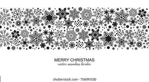 Monochrome seamless snowflake border isolated on white background, Christmas design for postcard or greeting card. Vector illustration, merry xmas snow flake header or banner, wallpaper or backdrop