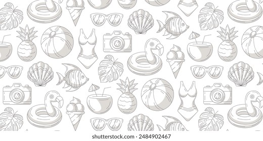 Monochrome seamless summer pattern with beach elements. Swimsuit, pineapple, tropical leaves, seashell, sunglasses, exotic fish, flamingo, coconut cocktail. For cover, wrapping paper, textile print