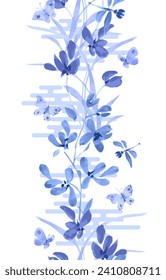 monochrome seamless texture vertical border with blue watercolor flower orchid, butterflies, dragonflies against asian clouds pattern