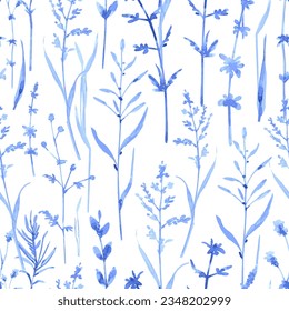 monochrome seamless texture with watercolor herbal field of grass. blue floral