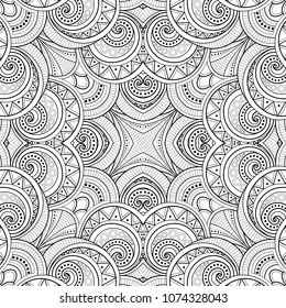 Monochrome Seamless Tile Pattern, Fancy Kaleidoscope. Endless Ethnic Texture with Abstract Design Element. Art Deco, Nouveau, Paisley Garden Style. Coloring Book Page. Vector Contour Illustration