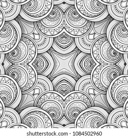 Monochrome Seamless Tile Pattern, Fancy Kaleidoscope. Endless Ethnic Texture with Abstract Design Element. Art Deco, Nouveau, Paisley Garden Style. Coloring Book Page. Vector 3d Contour Illustration