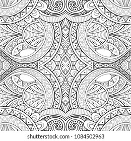 Monocromático Sem Costura Padrão Telha, Caleidoscópio Fantástico. Textura étnica sem fim com elemento de design abstrato. Art Deco, Nouveau, estilo Paisley Garden. Página do livro de cores. Ilustração do Contorno do Vetor