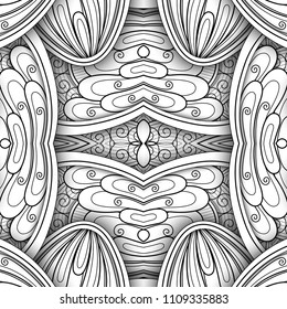 Monochrome Seamless Tile Pattern, Fancy Kaleidoscope. Endless Ethnic Texture with Abstract Design Element. Art Deco, Nouveau, Paisley Garden Style. Coloring Book Page. Vector 3d Contour Illustration