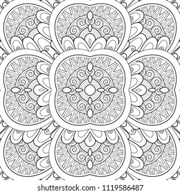 Monochrome Seamless Tile Pattern, Fancy Kaleidoscope. Endless Ethnic Texture with Abstract Design Element. Art Deco, Nouveau, Paisley Garden Style. Coloring Book Page. Vector Contour Illustration