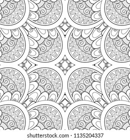 Monochrome Seamless Tile Pattern, Fancy Kaleidoscope. Endless Ethnic Texture with Abstract Design Element. Art Deco, Nouveau, Paisley Garden Style. Coloring Book Page. Vector Contour Illustration