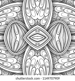 Monochrome Seamless Tile Pattern, Fancy Kaleidoscope. Endless Ethnic Texture with Abstract Design Element. Art Deco, Nouveau, Paisley Garden Style. Coloring Book Page. Vector 3d Contour Illustration