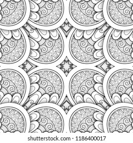 Monochrome Seamless Tile Pattern, Fancy Kaleidoscope. Endless Ethnic Texture with Abstract Design Element. Art Deco, Nouveau, Paisley Garden Style. Coloring Book Page. Vector 3d Contour Illustration