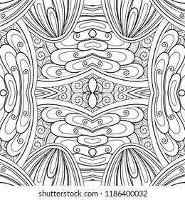 Monochrome Seamless Tile Pattern, Fancy Kaleidoscope. Endless Ethnic Texture with Abstract Design Element. Art Deco, Nouveau, Paisley Garden Style. Coloring Book Page. Vector Contour Illustration