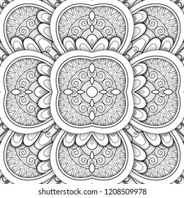 Monochrome Seamless Tile Pattern, Fancy Kaleidoscope. Endless Ethnic Texture with Abstract Design Element. Art Deco, Nouveau, Paisley Garden Style. Coloring Book Page. Vector 3d Contour Illustration