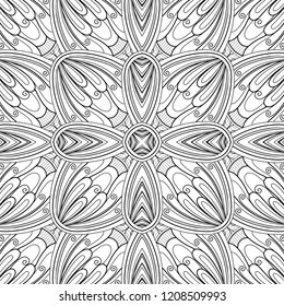 Monochrome Seamless Tile Pattern, Fancy Kaleidoscope. Endless Ethnic Texture with Abstract Design Element. Art Deco, Nouveau, Paisley Garden Style. Coloring Book Page. Vector Contour Illustration
