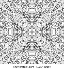 Monochrome Seamless Tile Pattern, Fancy Kaleidoscope. Endless Ethnic Texture with Abstract Design Element. Art Deco, Nouveau, Paisley Garden Style. Coloring Book Page. Vector Contour Illustration