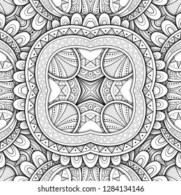 Monochrome Seamless Tile Pattern, Fancy Kaleidoscope. Endless Ethnic Texture with Abstract Design Element. Art Deco, Nouveau, Paisley Garden Style. Coloring Book Page. Vector 3d Contour Illustration