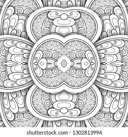 Monochrome Seamless Tile Pattern, Fancy Kaleidoscope. Endless Ethnic Texture with Abstract Design Element. Art Deco, Nouveau, Paisley Garden Style. Coloring Book Page. Vector 3d Contour Illustration