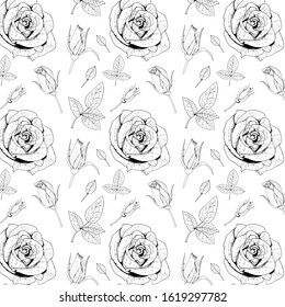 A monochrome seamless transparent texture of roses' flowers and leaves.