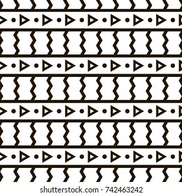 Monochrome seamless vector background. Abstract geometric pattern with zigzag lines. Vertical zig zag and horizontal stripes with triangles and dots. EPS10. 