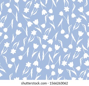 Monochrome seamless vector background with lots of little white flowers. Tulip silhouettes on blue pattern for fabric design, Wallpaper, wrap.