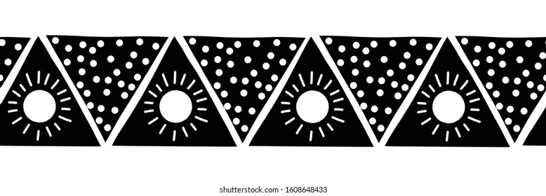 Monochrome seamless vector border triangles. Boho style pattern black and white hand drawn tribal ethnic motifs. Geometric repeating background. Triangle sun symbol shape repeat tile.