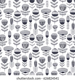 Monochrome seamless vector floral pattern with abstract flowers