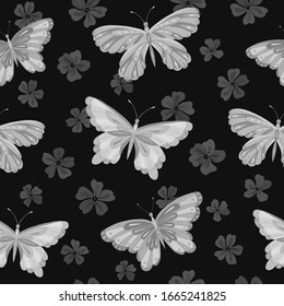 Monochrome seamless vector pattern with butterflies and sakura flowers. Suitable for packaging, fabrics, wallpapers and simple colorings. 