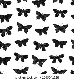 Monochrome nahtlose Vektorillustration mit Schmetterlingen. Geeignet für Verpackungen, Stoffe, Tapeten und einfache Farben. 