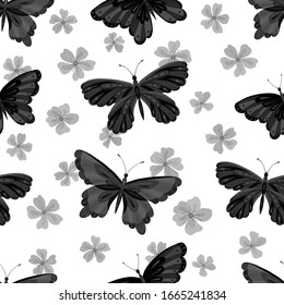 Monochrome seamless vector pattern with butterflies and sakura flowers. Suitable for packaging, fabrics, wallpapers and simple colorings. 