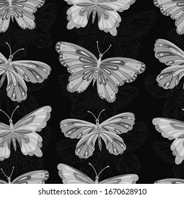 Monochrome seamless vector pattern with butterflies.  