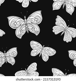 Monochrome seamless vector pattern with butterflies. Suitable for packaging, fabrics, wallpapers and simple colorings. 